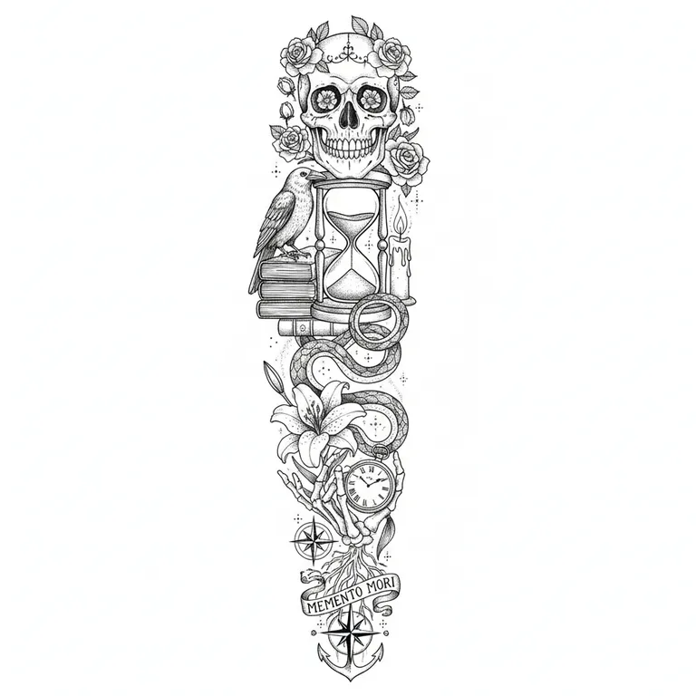 Memento Mori tattoo design, fine line black ink style
