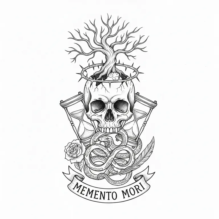 Memento Mori tattoo design, illustrative sketch style style