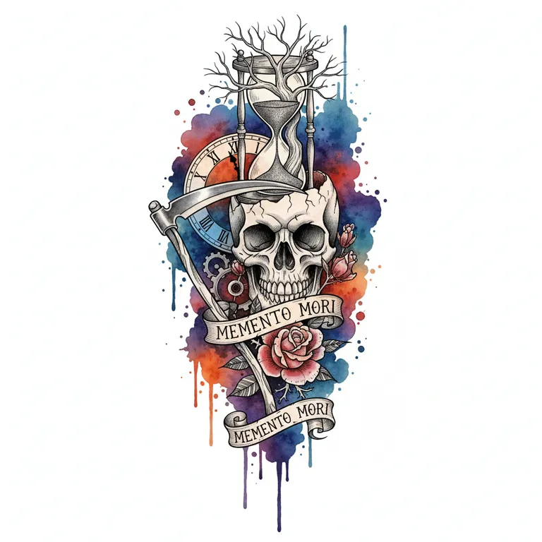 Memento Mori tattoo design, watercolor splash color style