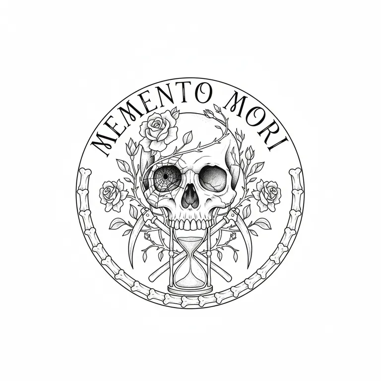 Memento Mori tattoo design, fine line black ink style