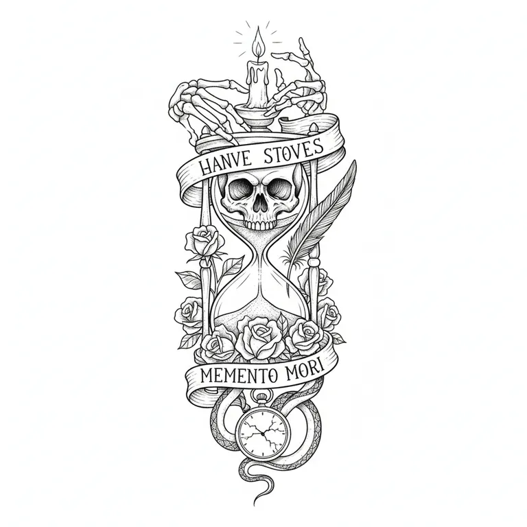 Memento Mori tattoo design, fine line black ink style