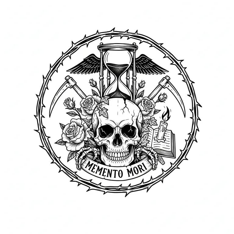 Memento Mori tattoo design, bold blackwork style