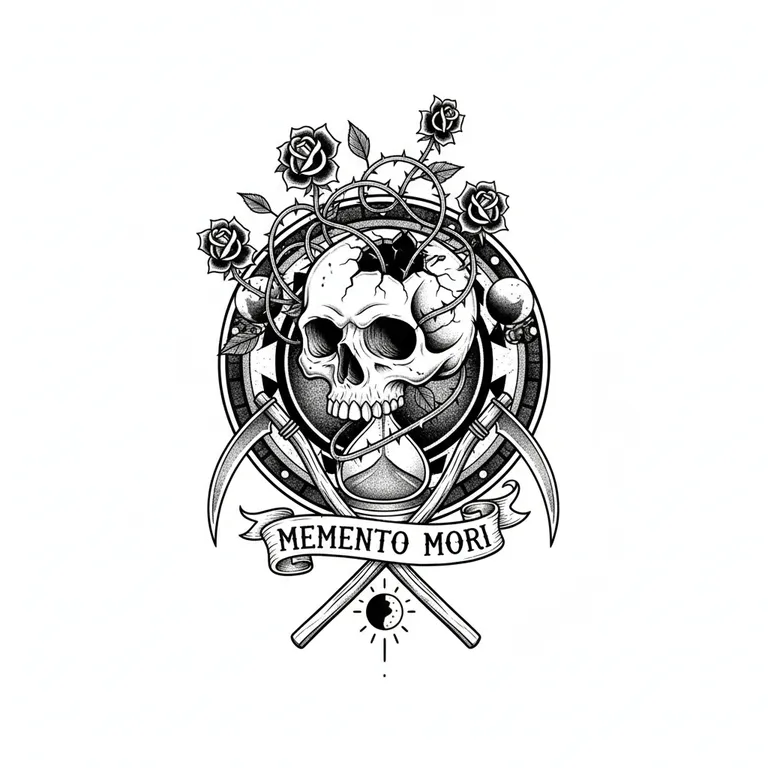 Memento Mori tattoo design, bold blackwork style