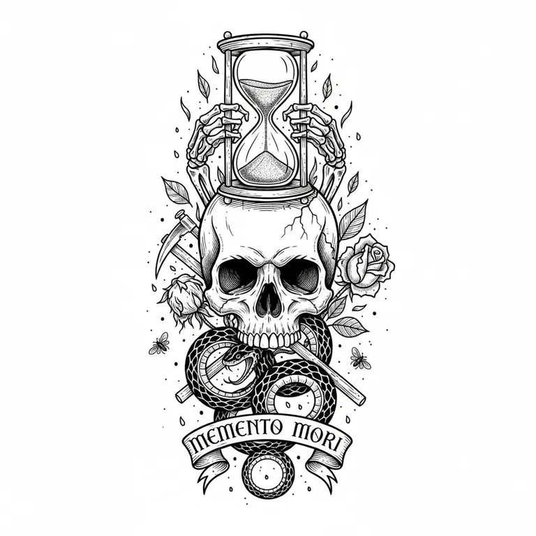 Memento Mori tattoo design, engraving woodcut style style