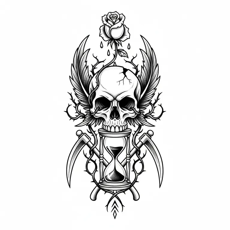 Memento Mori tattoo design, bold blackwork style