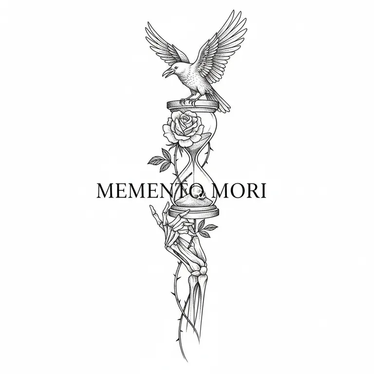 Memento Mori tattoo design, minimalist single needle style