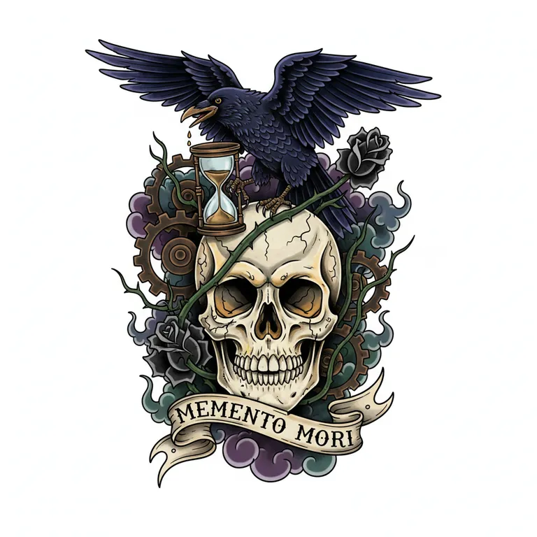 Memento Mori tattoo design, neo-traditional color style