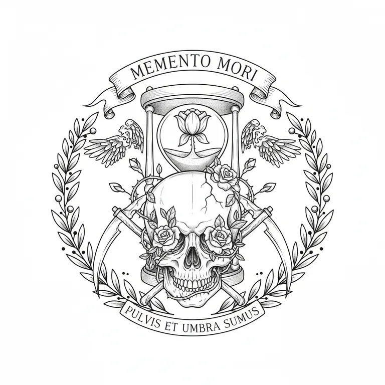 Memento Mori tattoo design, fine line black ink style
