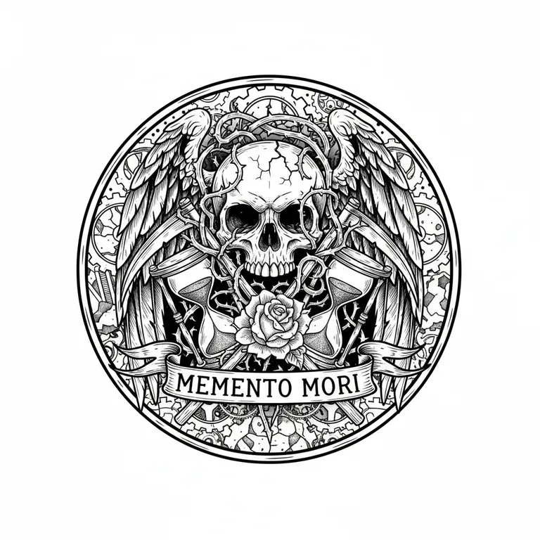 Memento Mori tattoo design, engraving woodcut style style