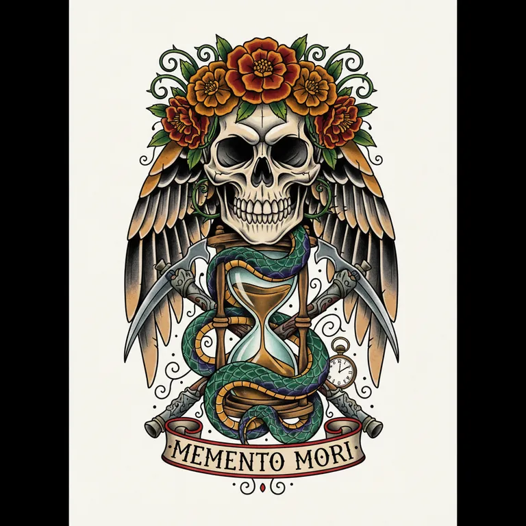 Memento Mori tattoo design, neo-traditional color style