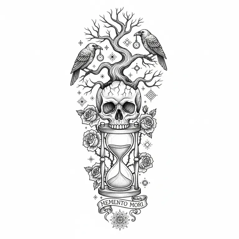 Memento Mori tattoo design, dotwork shading style