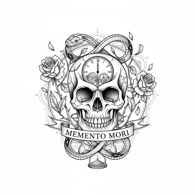 Memento Mori tattoo design, dotwork shading style