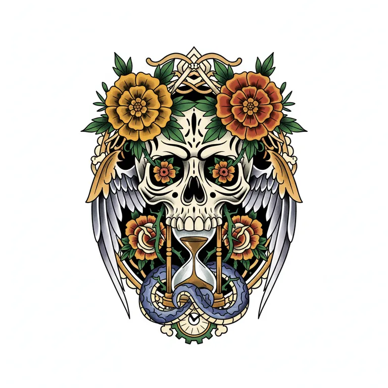 Memento Mori tattoo design, neo-traditional color style