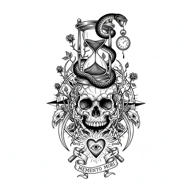 Memento Mori tattoo design, bold blackwork style