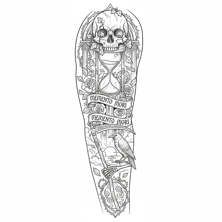 Memento Mori tattoo design, illustrative sketch style style
