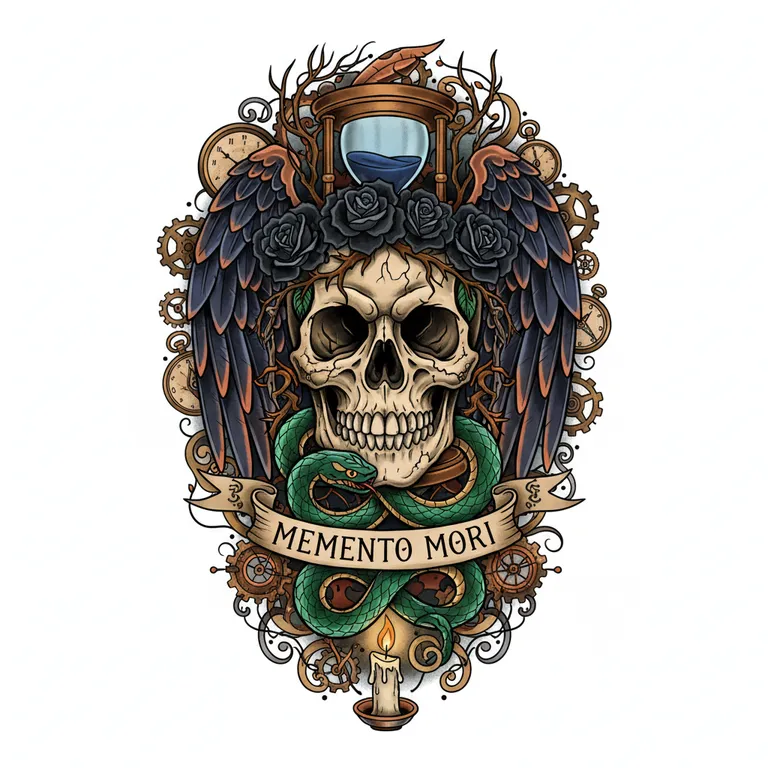 Memento Mori tattoo design, neo-traditional color style