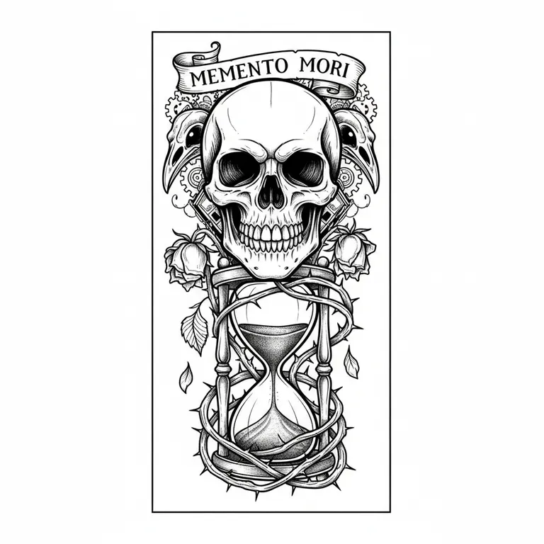 Memento Mori tattoo design, bold blackwork style