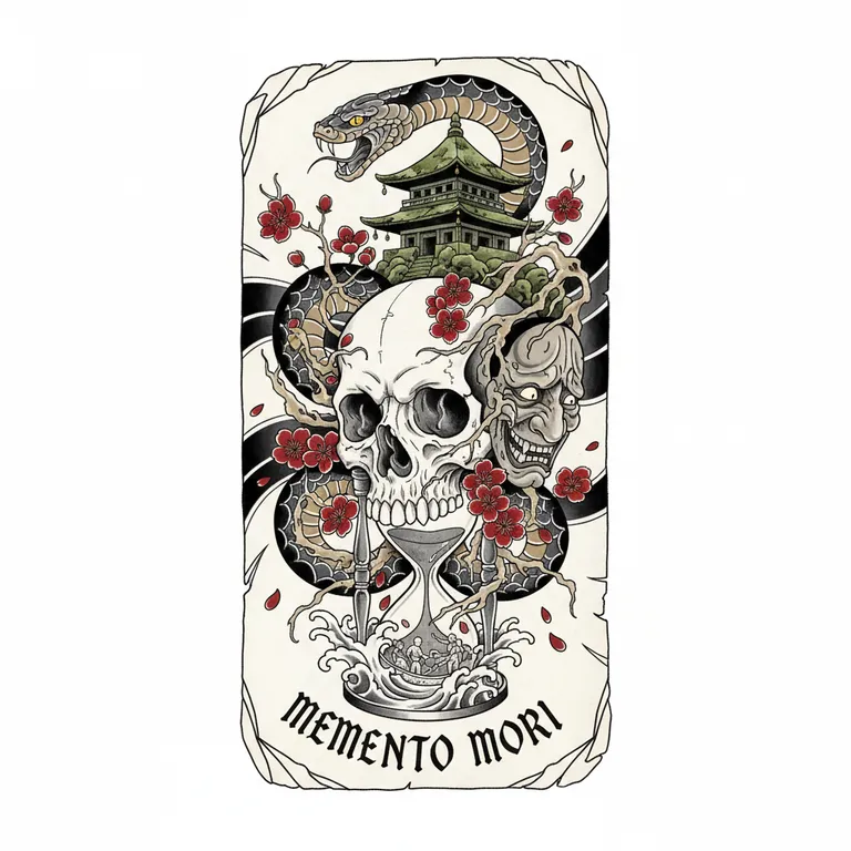 Memento Mori tattoo design, japanese irezumi style style