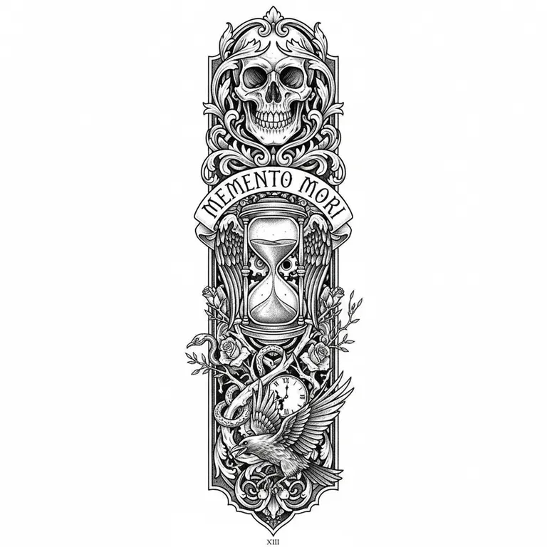 Memento Mori tattoo design, ornamental filigree style
