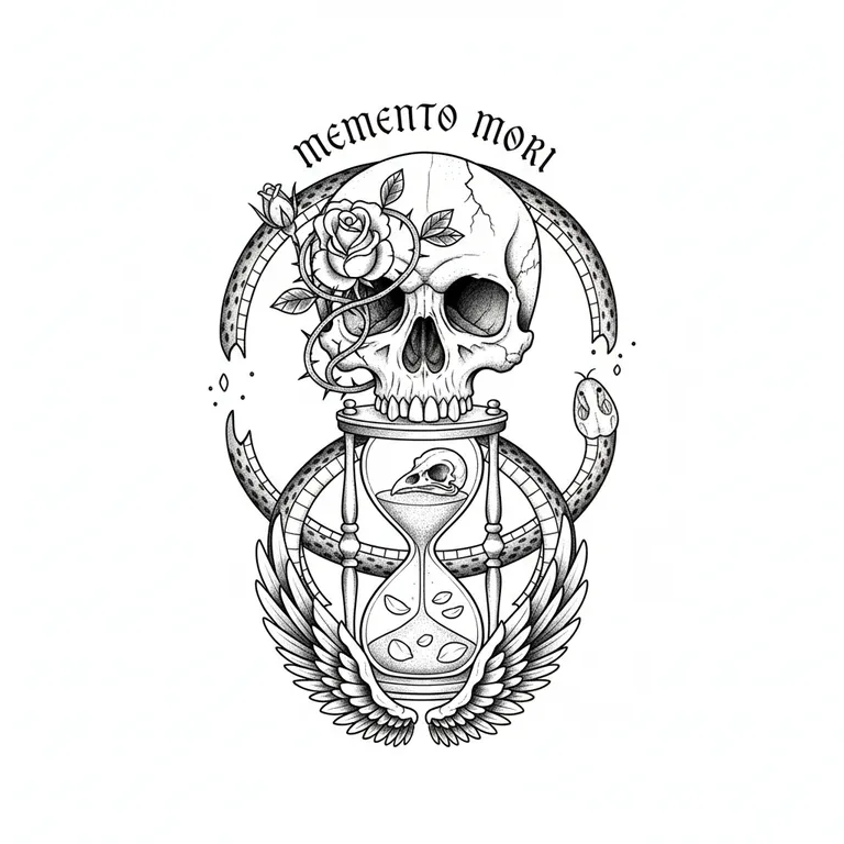 Memento Mori tattoo design, fine line black ink style