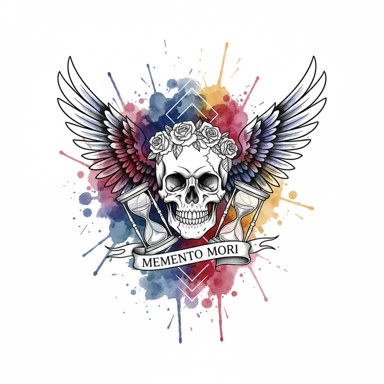 Memento Mori tattoo design, watercolor splash color style