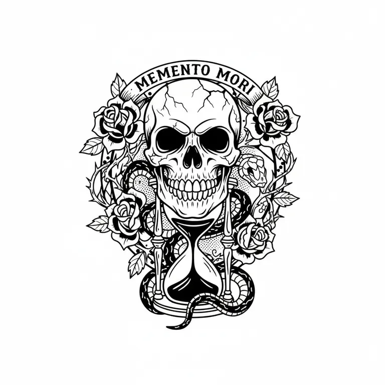 Memento Mori tattoo design, bold blackwork style