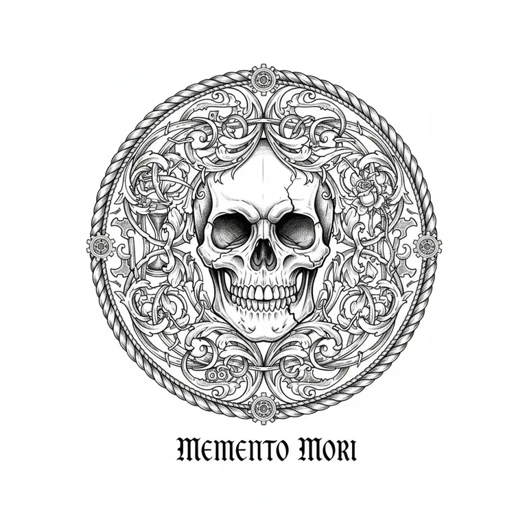 Memento Mori tattoo design, ornamental filigree style