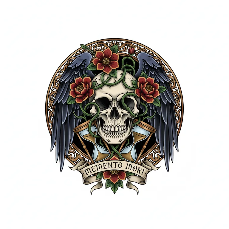 Memento Mori tattoo design, neo-traditional color style