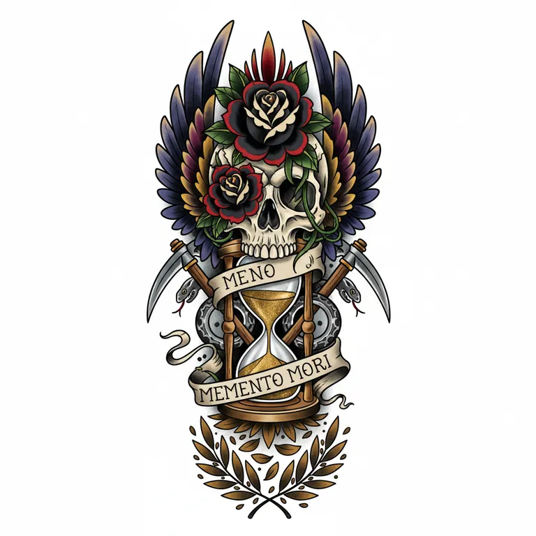Memento Mori tattoo design, neo-traditional color style
