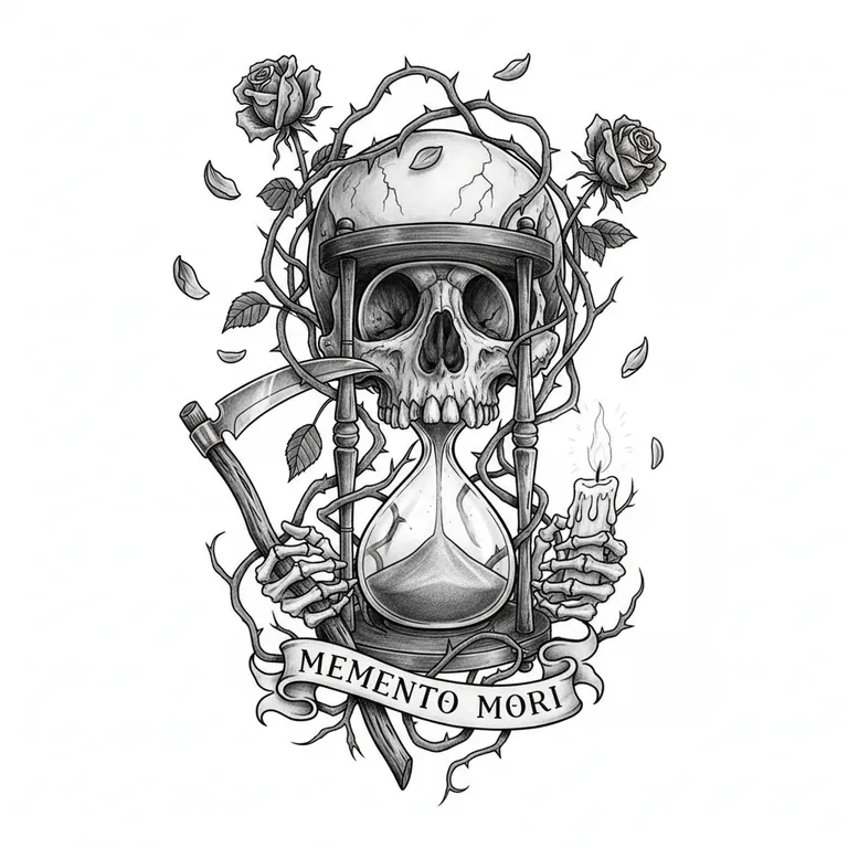Memento Mori tattoo design, black and grey realism style