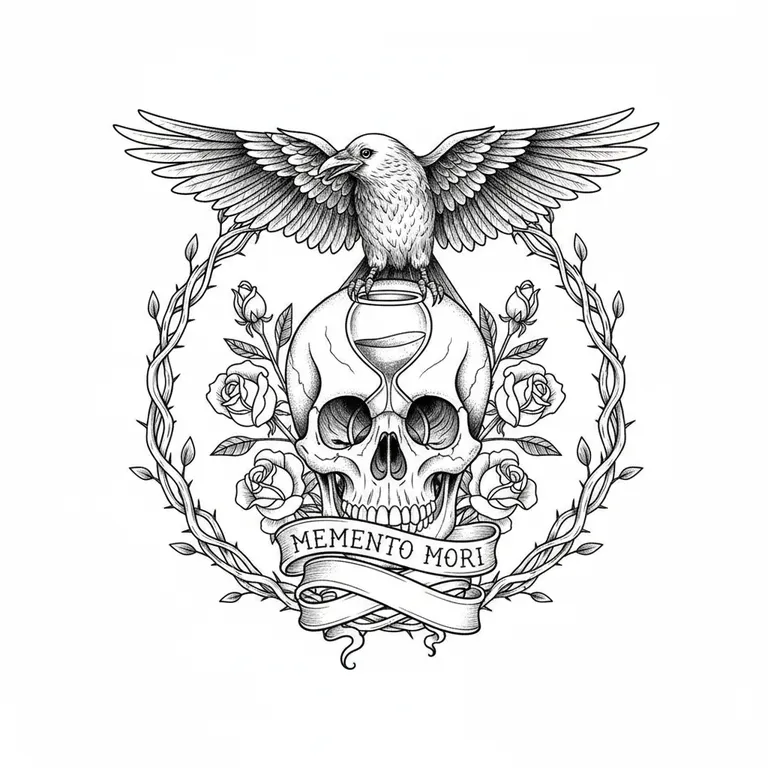 Memento Mori tattoo design, fine line black ink style