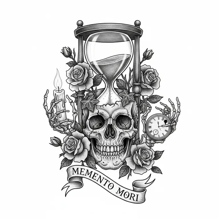 Memento Mori tattoo design, black and grey realism style