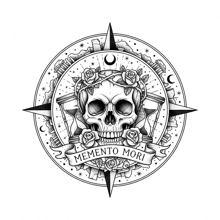 Memento Mori tattoo design, dotwork shading style