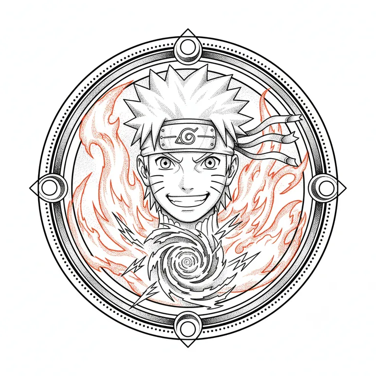 Naruto tattoo design, dotwork shading style