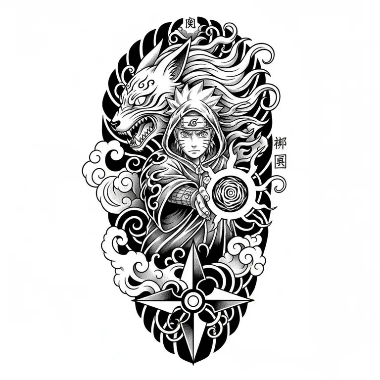 Naruto tattoo design, bold blackwork style