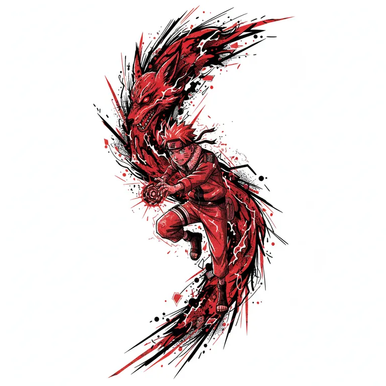 Naruto tattoo design, trash polka red and black style