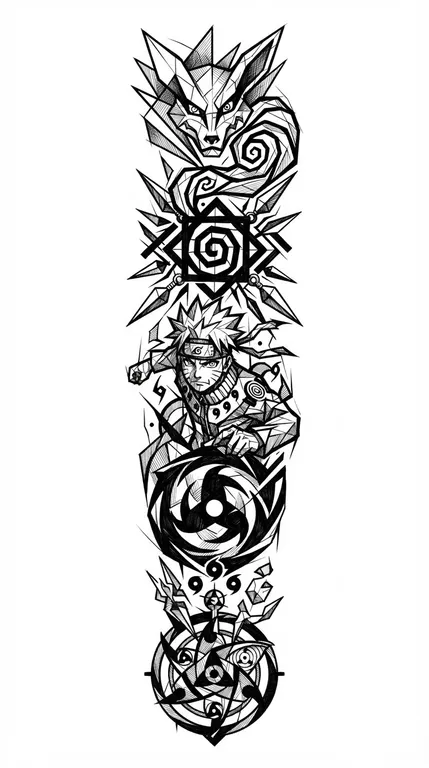 Naruto tattoo design, brutalist ink-cut abstract geometry style