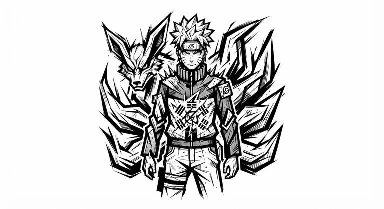 Naruto tattoo design, brutalist ink-cut abstract geometry style