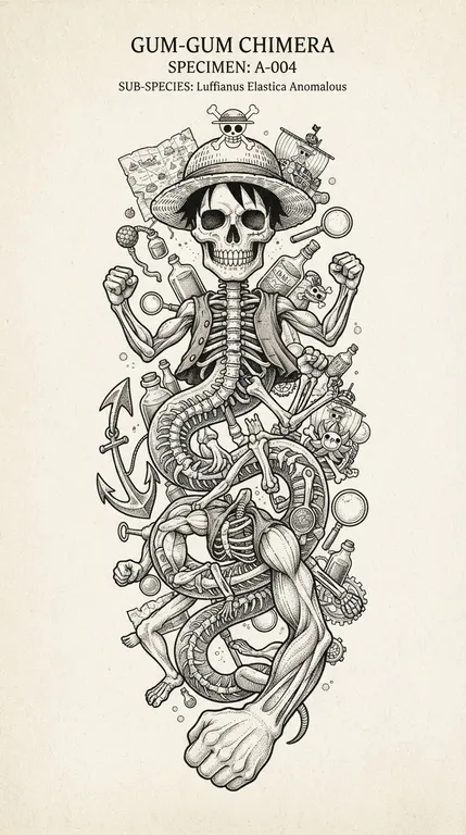 One Piece tattoo design, antique scientific specimen engraving style