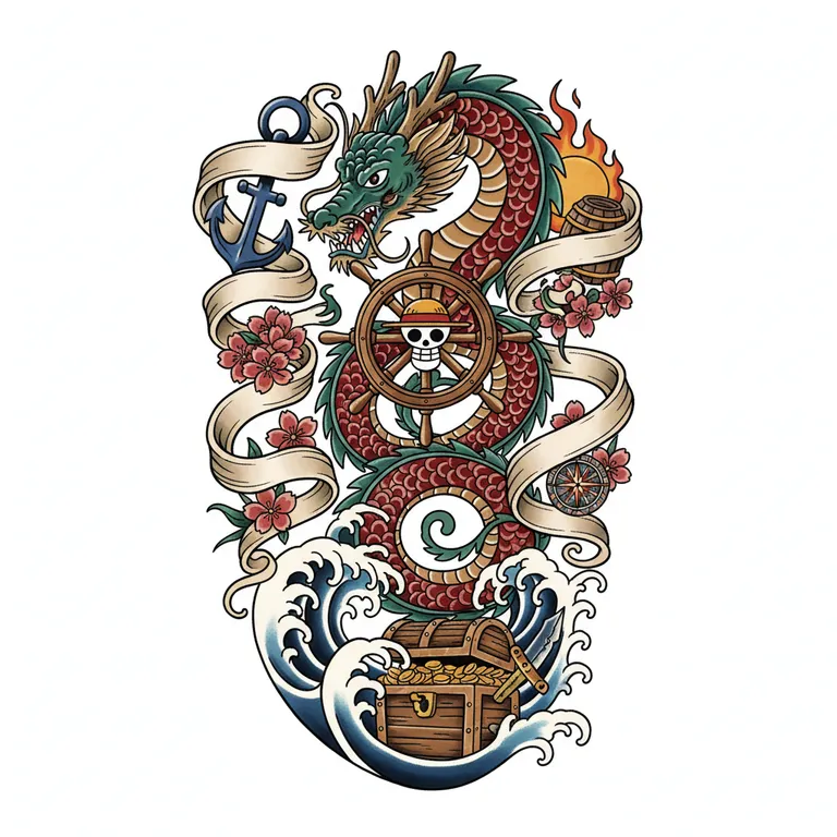 One Piece tattoo design, neo-traditional color style