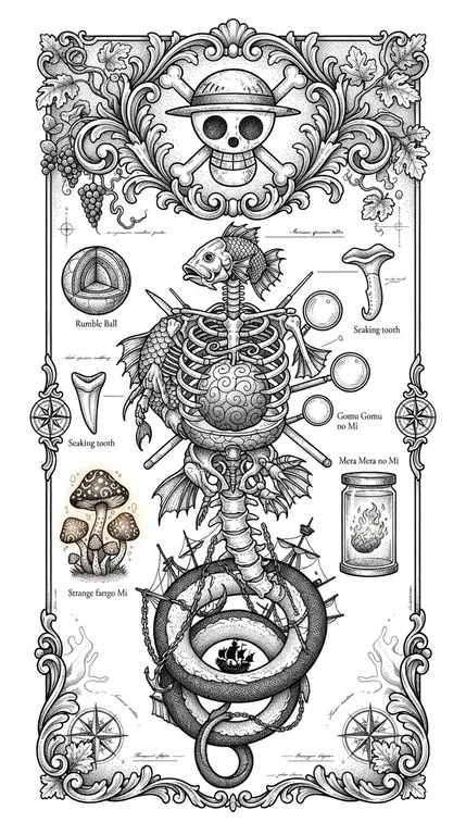 One Piece tattoo design, antique scientific specimen engraving style