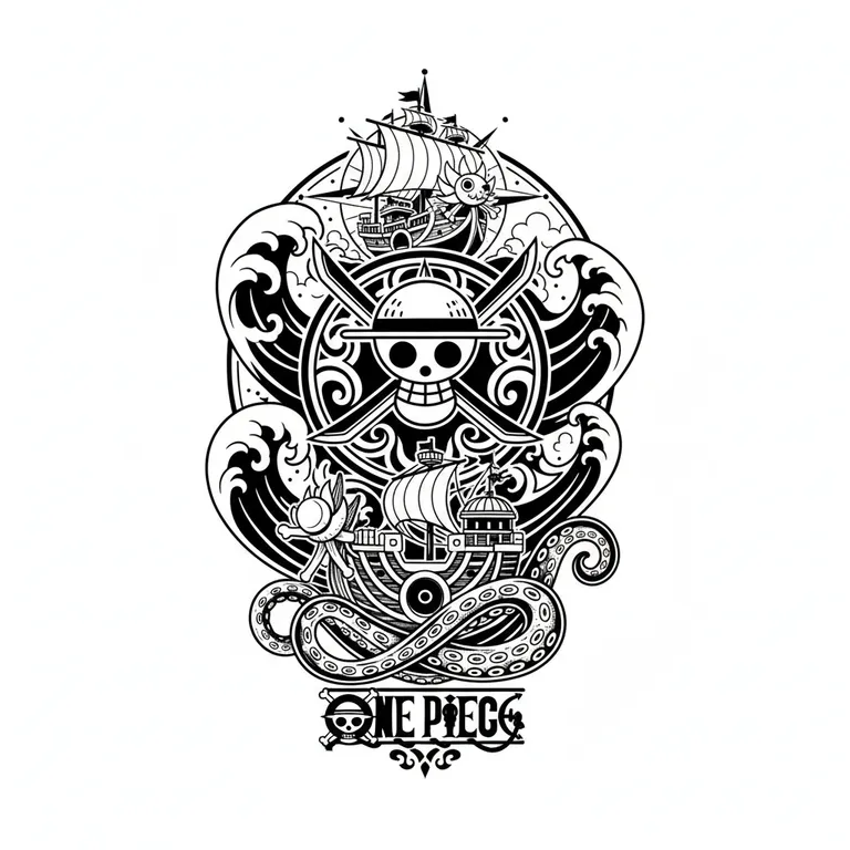 One Piece tattoo design, bold blackwork style