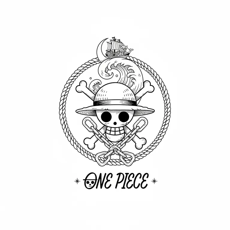 One Piece tattoo design, fine line black ink style