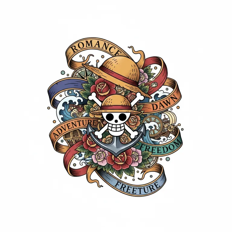 One Piece tattoo design, neo-traditional color style