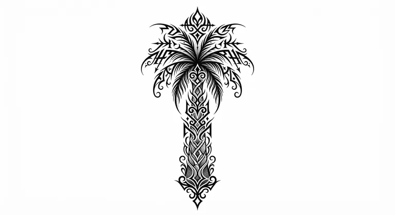 Palm Tree tattoo design, alien ornamental sigil blackwork style