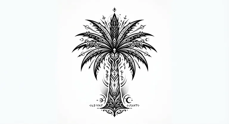 Palm Tree tattoo design, alien ornamental sigil blackwork style