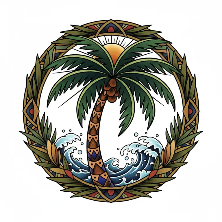 Palm Tree tattoo design, neo-traditional color style