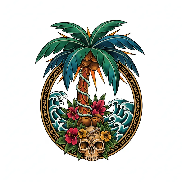 Palm Tree tattoo design, neo-traditional color style