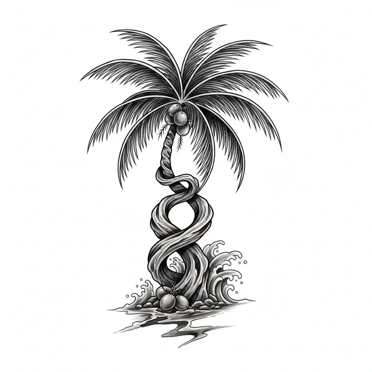 Palm Tree tattoo design, black and grey realism style