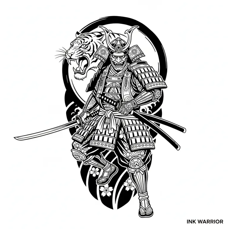 Samurai tattoo design, bold blackwork style